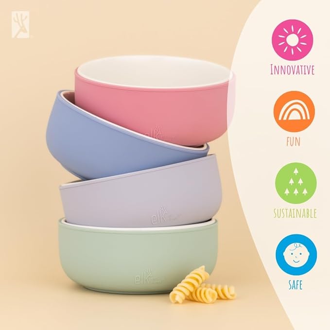 Elk and Friends Kids Porcelain Bowls with Silicone Sleeve | Kids/Toddler/Baby Feeding | Microwave & Dishwasher Safe | Non slip | Cereal/Soup/Snack Dishes & Dinnerware