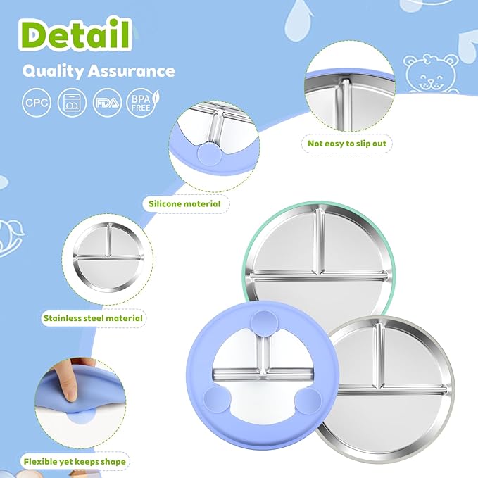 3-Pack Stainless Steel Baby Plates with Suction, BPA-Free Stainless Steel Kids Plates, 9” Divided Toddler Plate for Dishwasher Safe, Non-Slip Silicone Base, Detachable Design (Blue, Gray, Green)
