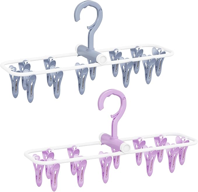 Clothes Drying Hanger with 12 Clips, 2 Pack Folding Portable Hanging Drying Rack,Drip Foldable Hanging Rack, 360° Rotatable Hook for Drying Towels Bras Baby Clothes Gloves Plastic(Blue&Purple)