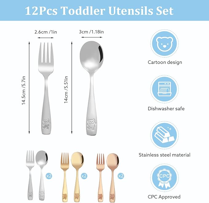 12 Piece Stainless Steel Kids Silverware Set,Toddler Utensils,Children Safe Food Grade Forks and Spoons,Mirror Polished, Dishwasher Safe