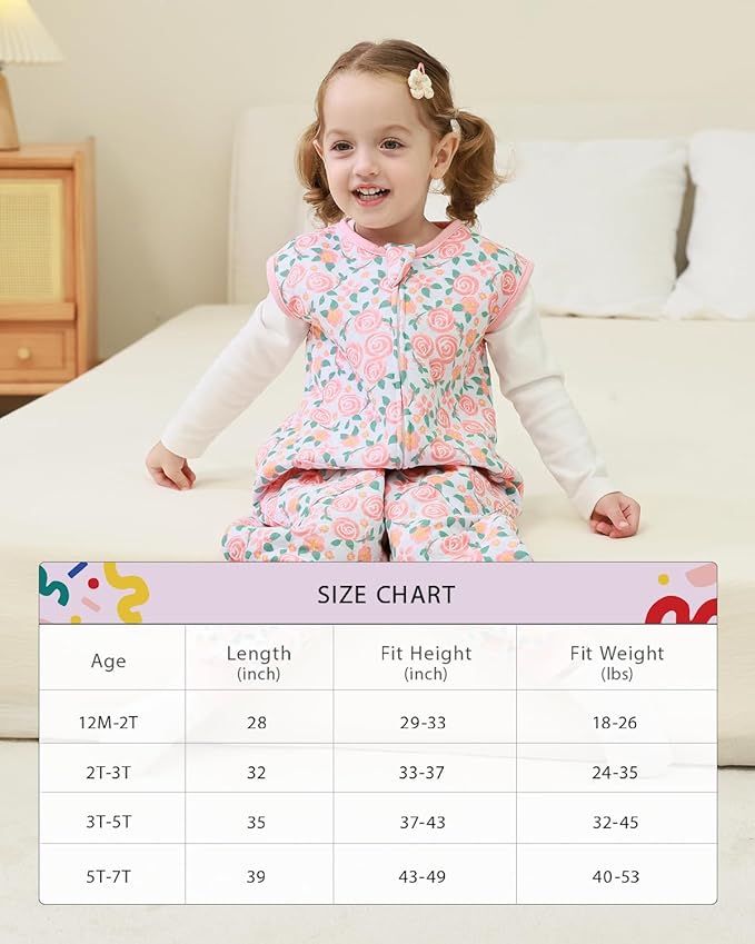 HOMEAL 1.0Tog Toddler Sleep Sacks 2T-3T,Toddler Sleeping Sack with Legs, Sleep Sacks, Baby Wearable Blanket, Pink Rose