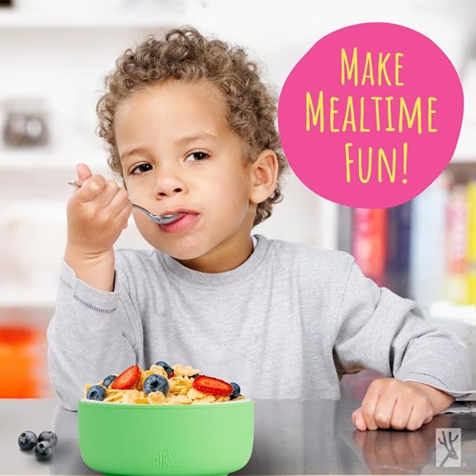 Elk and Friends Kids Porcelain Bowls with Silicone Sleeve + Silicone Lid | Kids/Toddler/Baby Feeding | Microwave & Dishwasher Safe | Non slip | Cereal/Soup/Snack Dishes & Dinnerware