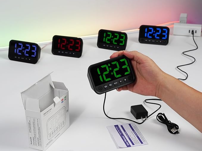 Small LED Digital Clock for Bedroom, Loud Alarm Clock for Heavy Sleepers Adults, Teens | Plug-In Electric Desk Clock | Simple Bedside Nightstand Clock with Adjustable Volume/Brightness/Snooze – White