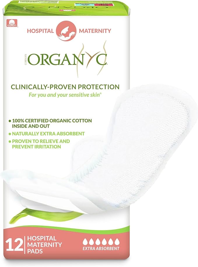 Organyc Hospital Postpartum Pads, 100% Certified Organic Cotton Inside and Out for Women, for First Days After Delivery, 12 Counts