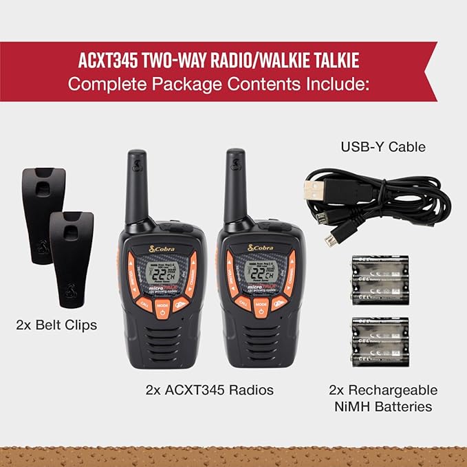 Cobra ACXT345 Weather-Resistant Walkie Talkies - Rechargeable, 22 Channels, Long Range 25-Mile Two-Way Radio Set (2-Pack)