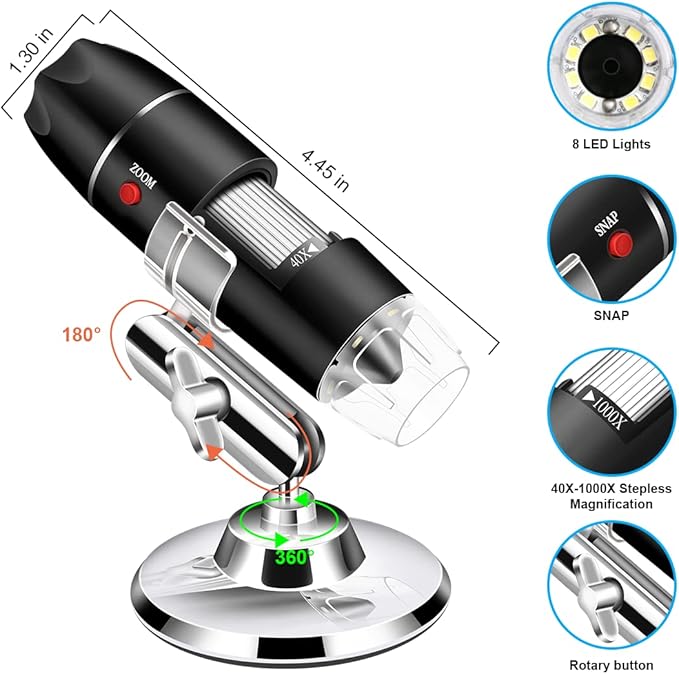 Digital USB Microscope Camera, 40X to 1000X, with Metal Stand & Carrying Case, Compatible with Android, Windows, Linux, Mac, Portable for Kids, Students, Adults