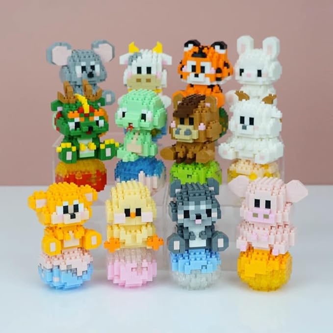 12 Mini Animals Building Blocks Sets Building Block Party Favor for Kids Small Zodiac Animals Pets Horse Dog Monkey Tiger Rabbit Dragon STEM Educational Toys for Boys Girls(Horse)