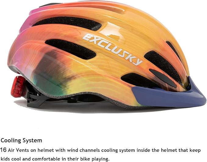 Exclusky Kids Bike Helmet with LED Light – Adjustable Multi-Sport Youth Helmet for Boys & Girls, Ages 5-12, Fits 50-57cm, Cycling Safety Gear