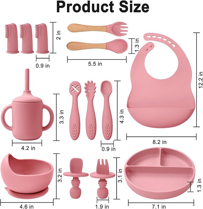 Silicone Baby Feeding Set 14 Pcs,Baby Led Weaning Supplies, Baby Spoons Suction Bowl Divided Plate Bib Cup Finger Brush,First Stage Solid Food Eating Utensils - 6+ Months(Deep Red)