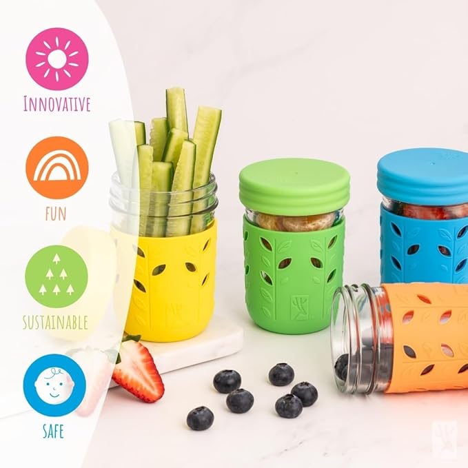 Elk and Friends Kids & Toddler Cups | The Original Glass Mason jars 8 oz with Silicone Sleeves & Silicone Straws with Stoppers | Smoothie Cups | Spill Proof Sippy Cups for Toddlers | 8 Pack