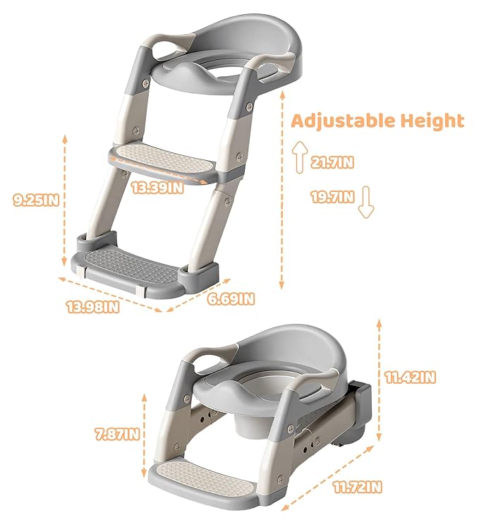 2-in-1 Toddler Potty Training Toilet Seat with Step Stool Ladder – Adjustable Height Potty Chair Urinal for Baby Boys Girls Age 1-3, Foldable Training Potty with Splash Guard & Anti-Slip Feet, Grey