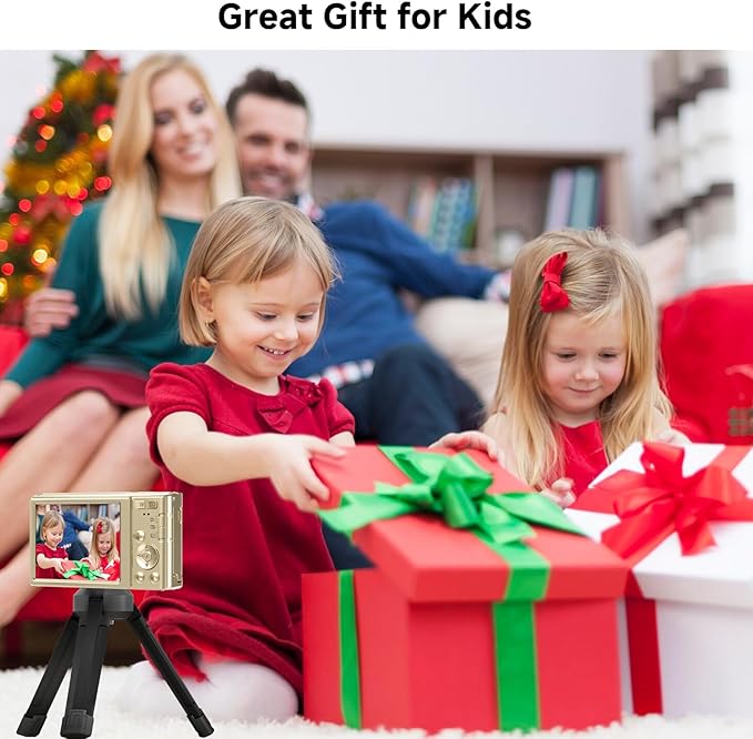 Digital Camera, FHD 4K Digital Camera with 64GB SD Card, 44MP Digital Point and Shoot Camera, 16X Digital Zoom, Anti Shake, 3-LED Fill Lights, Compact Camera for Kids Teen Boys Girls, Gold