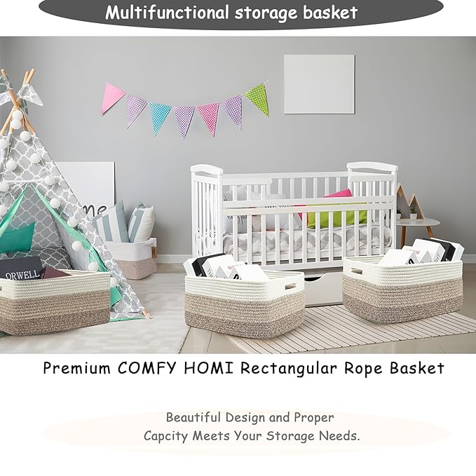 COMFY-HOMI Cotton Rope Woven Basket with Handles for Shelves,Toys,Book, Cloth Storage Baskets for Organizing-17" x 13" x 7.5" Toy Decorative Organizer for Living Room, Bathroom (white/3 brown)