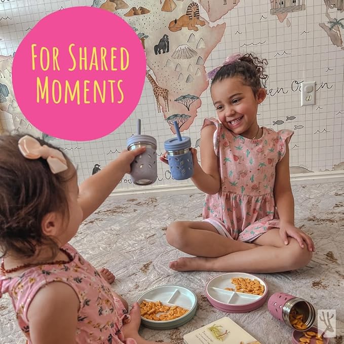 Elk and Friends Kids 7.8” Porcelain Divided Plates with Silicone Suction Sleeves + Lids | Suitable for Kids/Toddlers | Microwave & Dishwasher Safe | Non Slip | Snack Dishes | 4 Pack