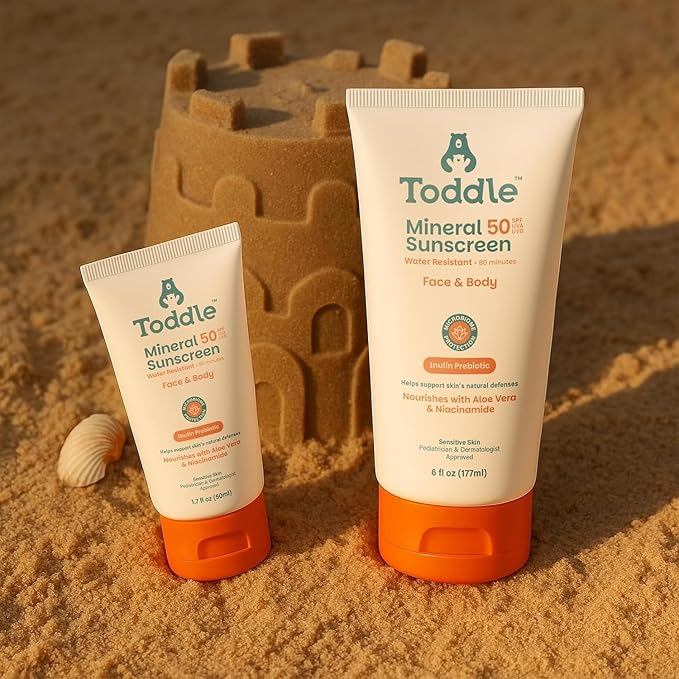 Prebiotic Mineral Sunscreen SPF 50 for Kids & Baby, Face & Body Sun Protection, Reef Safe, Non-Toxic Zinc Oxide Broad Spectrum, Water-Resistant, No White Cast, Travel Size 1.7oz & 6oz Bundle