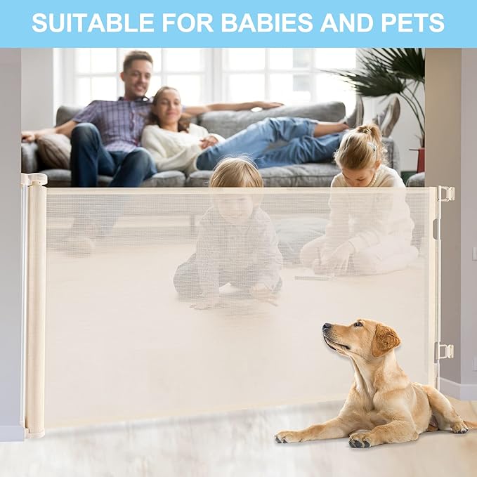 120 Inch Retractable Baby Gates Extra Wide Baby Gate Retractable Dog Gates for The House Extra Wide Dog Gate Extra Long Baby Gates for Large Opening Extra Large Pet Gate Child Gate for Doorway (Beige)
