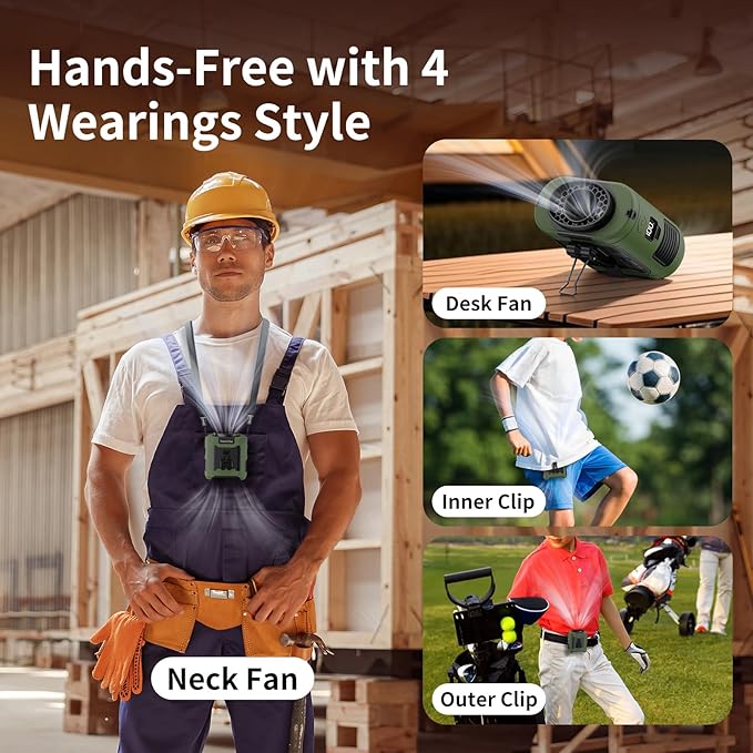 Socool 10000mAh Portable Waist Fan Clip on Wearable Belt Personal Fan Rechargeable Battery Operated With 5 Speeds & Flashlight Neck Hands-Free 40H Cooling For Outdoor Travel Camping Power Bank(Green)