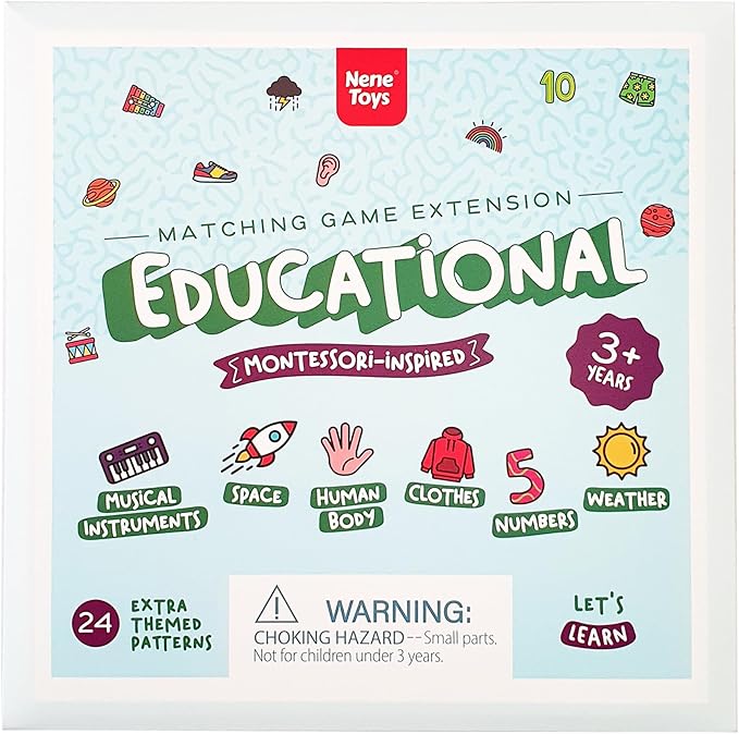 Nene Toys Educational Memory Extension Cards - 24 Extra Themed Patterns β Additional Matching Cards with Numbers, Letters, Animals, Body Parts Exclusive Size