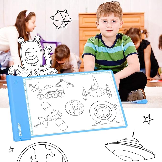 IMAGE Light Up Tracing Pad Blue Drawing Tablet Coloring Board for Kids Children Gift for Boys Girls (Includes 10 Traceable Sheets and Two Clips)