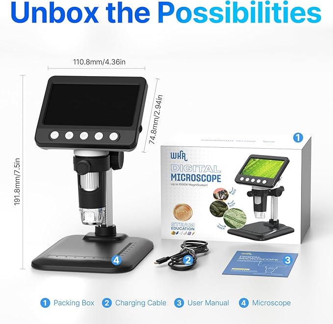 Coin Microscope, 4.3" LCD USB Digital 1000X Coin Magnifier with 8 Adjustable LED Lights, 1080P PC View Compatible with Windows/MacBook for Adults Kids
