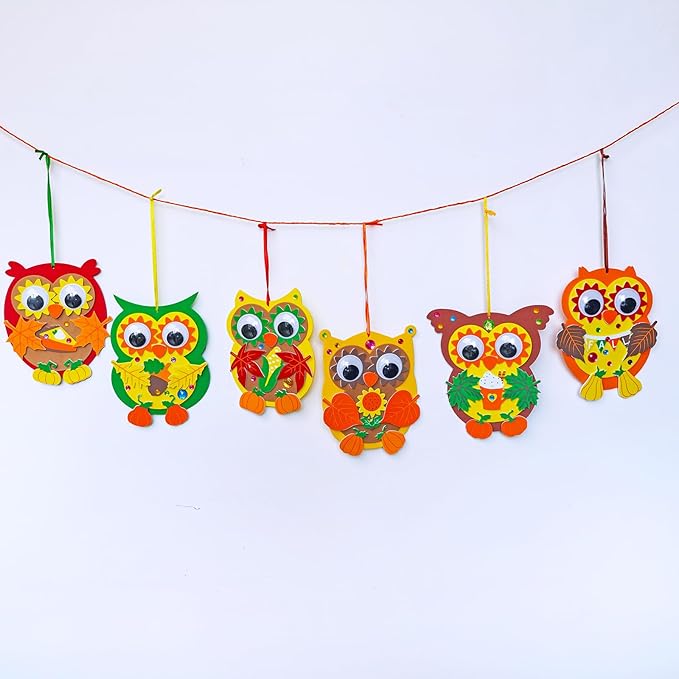 Winlyn Fall Craft Kits DIY Fall Owl Ornaments Decorations 24 Individually Packaged Art Sets Kids Crafts Foam Owl Pumpkin Fall Leaf Stickers for Kids Autumn Thanksgiving Halloween Classroom Activities
