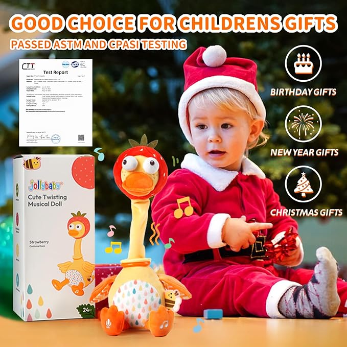 Jollybaby Plush Talking Singing Dancing Musical Strawberry Duck Toy for Toddlers 1-3 Just Like Cactus Toy, Music Mimicking Interactive Toys for Crawling Kids, Sensory Gift for Baby 0-6-12 Month