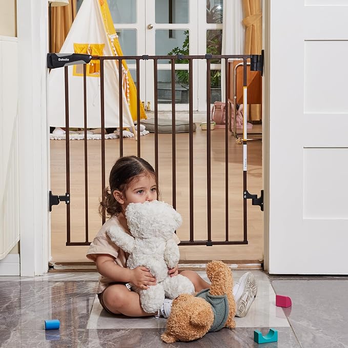 Babelio 26-43" No Bottom Bar Baby Gate for Babies, Elders and Pets, 2-in-1 Hardware Mount Dog Gate for The House, Stairs and Doorways, with Large Walk Thru Door, Black Wood Pattern