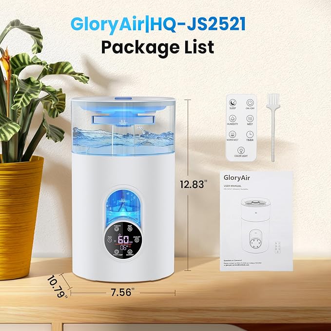 Humidifiers for Bedroom Large Room Home - GloryAir 6L Quiet Top Fill Cool & Warm Mist Humidifier with Smart Humidity Control, Remote Control, 7-Color Light, Humidistat, Oil Diffuser for Plants & Baby