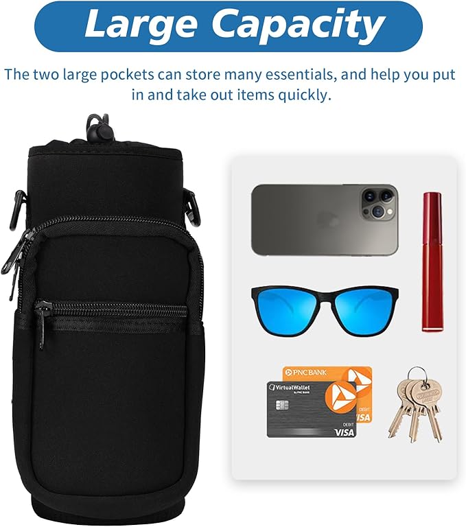 32 40 oz Water Bottle Carrier with Strap, Neoprene Water Bottle Sleeve Bag with 2 Pockets Insulated Flask Sling Holder for Walking Hiking Gym