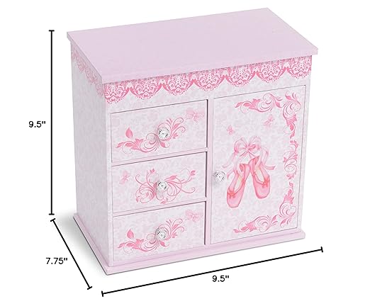 Jewelkeeper - Ballerina Jewelry Box for Girls with 3 Pullout Drawers - Ballerina Music Box with Swan Lake Tune - Ballet Slipper Design - Jewelry Storage Organizer for Necklaces and Bracelets