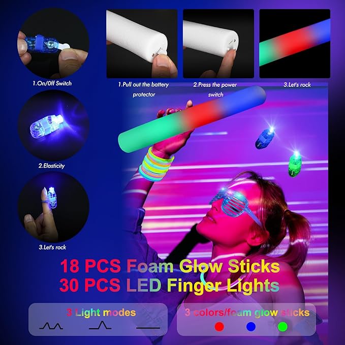 282 PCS Glow in the Dark Party Supplies, 18 Foam Sticks, 18 LED Glasses, 200 Glow Sticks, 30 Finger Lights, 8 Bunny Ear Headband and 8 LED Cat Ear Headband for Wedding,Birthday,Concert,New Year