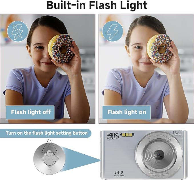 Digital Camera, 2025 4K 44MP Autofocus Digital Cameras for Teens, Silver Point and Shoot Camera for Kids with 16X Zoom, 64GB SD Card, Compact Small for Boys Girls Teens Kids Gift