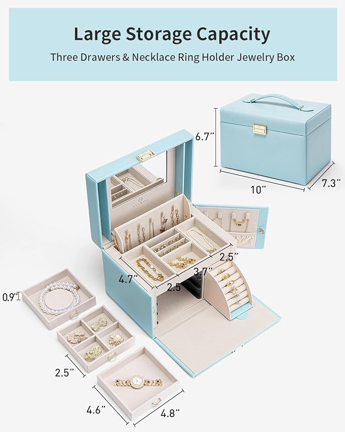 Vlando Jewelry Box Organizer for Girls Women, Large Baroque Jewelry Holder Organizer with Mirror, 3 Drawers for Bracelets, Earrings, Rings, Necklaces, Mothers Day Gifts for Loved One, Blue