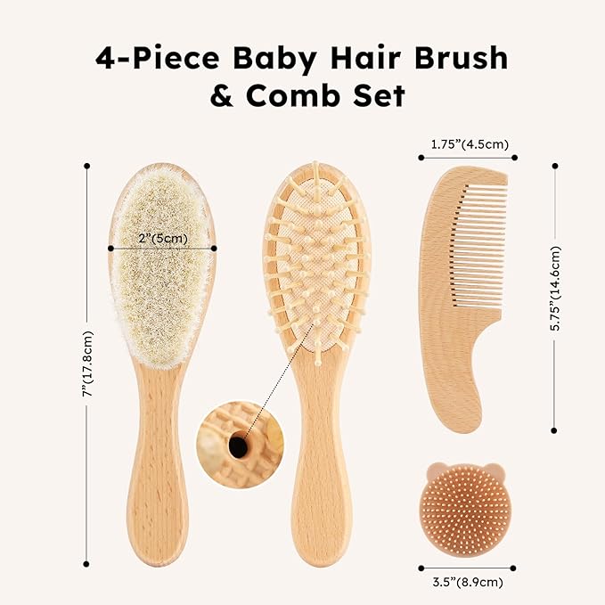Yoofoss 4 Piece Baby Brush and Comb Set, Wooden Baby Brush with Natural Ultra Soft Goat Hair, Baby Hair Brush for Newborn, Baby Brush Set for Boy Girl
