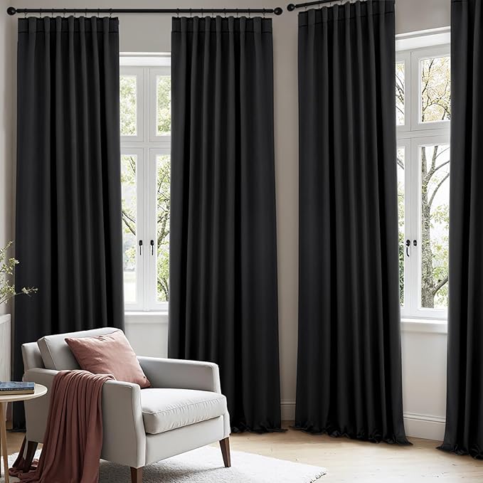 ANRODUO Back Tab Blackout Curtains for Bedroom Living Room, Rod Pocket Pinch Pleated Thermal Insulated Room Darkening Curtains 92 Inches Long 2 Panels, Black, 42 x 92 Inch