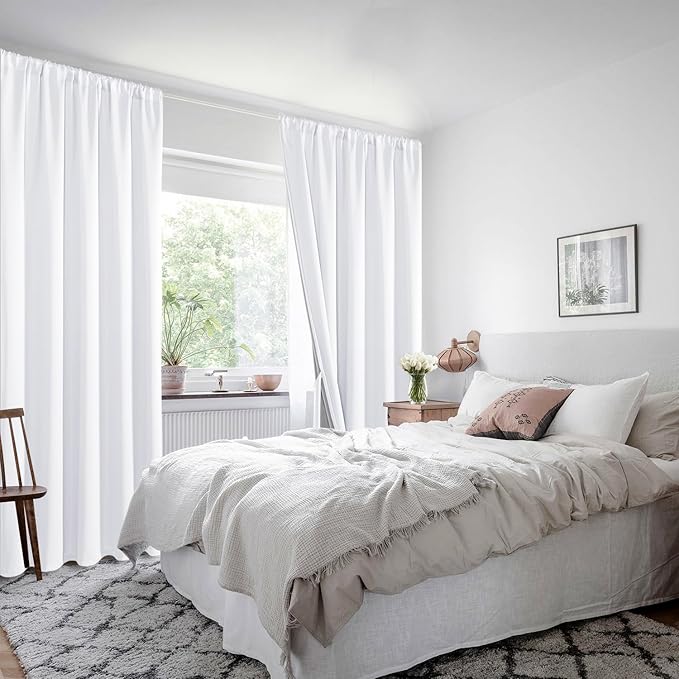 XWZO White 100% Blackout Curtains - Heat and Full Light Blocking Drapes with Black Liner for Bedroom/Laundry Room, Rod Pocket Window Panels with Tiebacks, White, W38 x L45, Set of 2