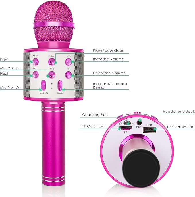 KIDWILL Wireless Bluetooth Karaoke Microphone for Kids, 5-in-1 Portable Handheld Karaoke Mic Speaker Player Recorder with Adjustable Remix FM Radio for Kids Girls Boys Teens Birthday-Hot Pink