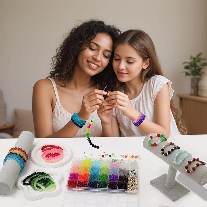 JULIMAIDONG 8mm Glass Beads for Bracelets 1000pcs, 24 Colors Round Crystal Glass Bracelet Beads Making Kit for Jewelry Making Kits Bead DIY Crafts with Spacer Charms Accessories (8MM, 24 Color)