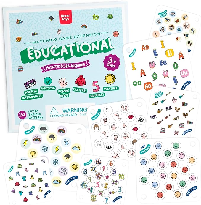 Nene Toys Educational Memory Extension Cards - 24 Extra Themed Patterns β Additional Matching Cards with Numbers, Letters, Animals, Body Parts Exclusive Size