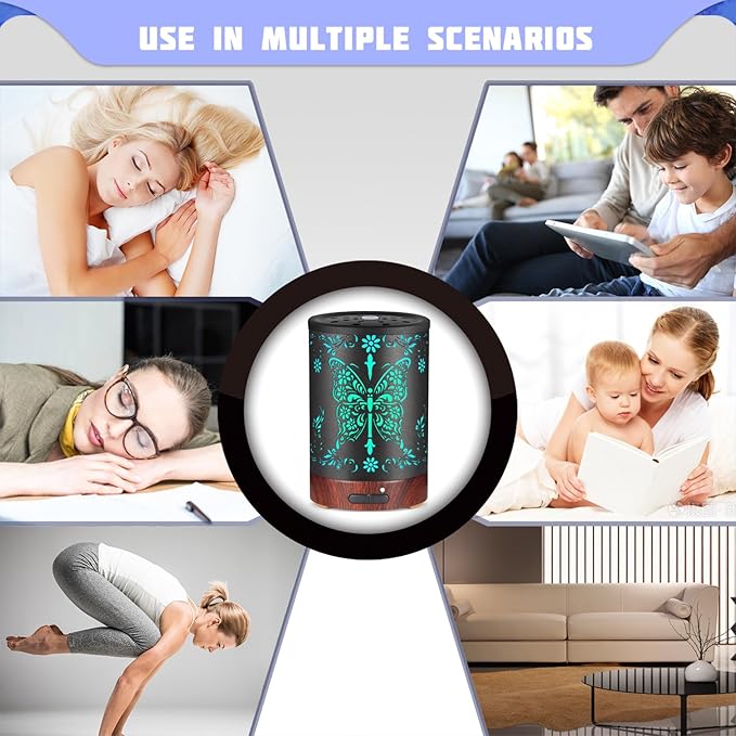 Metal Essential Oils Diffuser 150ML for Women Mom Grandma Wife, Aromatherapy Diffuser Cool Mist Humidifier with 7 Colors Lights Waterless Auto Off Air Diffusers(Butterfly)