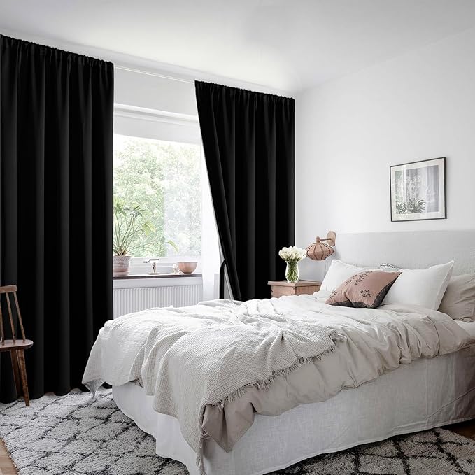 XWZO 100% Blackout Curtains 84 Inches Long with Tiebacks- Privacy Protection, Energy Efficiency Window Draperies Rod Pocket with Black Liner for Bedroom/Living Room, Black, W42 x L84, Set of 2
