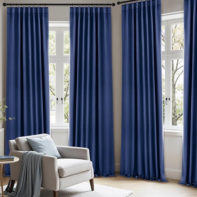 ANRODUO Back Tab Blackout Curtains for Bedroom Living Room, Rod Pocket Pinch Pleated Thermal Insulated Room Darkening Curtains 84 Inches Long 2 Panels, Navy Blue, 42 x 84 Inch