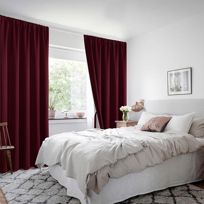 XWZO 100% Blackout Curtain Panels - Rod Pocket Thermal Insulated Black Liner Curtains, Noise Reducing and Heat Blocking Drapes for Hall and Studio Windows with Tiebacks, Burgundy, W42 x L72, Set of 2