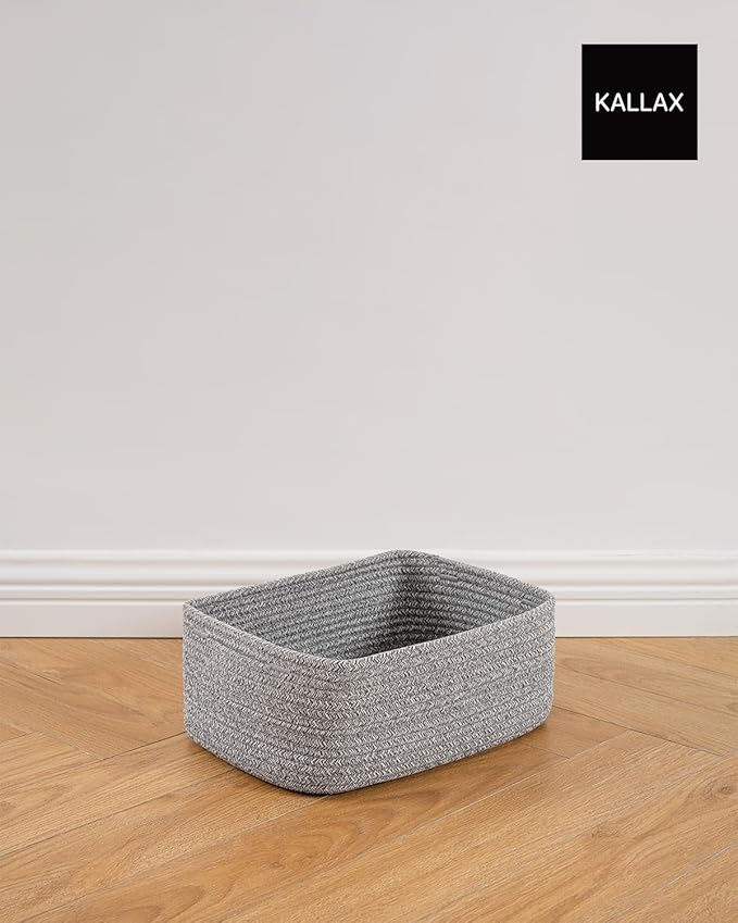 KALLAX Small Woven Basket, 13.5 x 9.5 x 5 Inches, Storage Basket for Organizing, Cute Small Rope Shelf Closet Cube Storage Bins Baskets for Shelves, Dog Toy Gift Baskets Empty, 3 Packs, Mixed Grey
