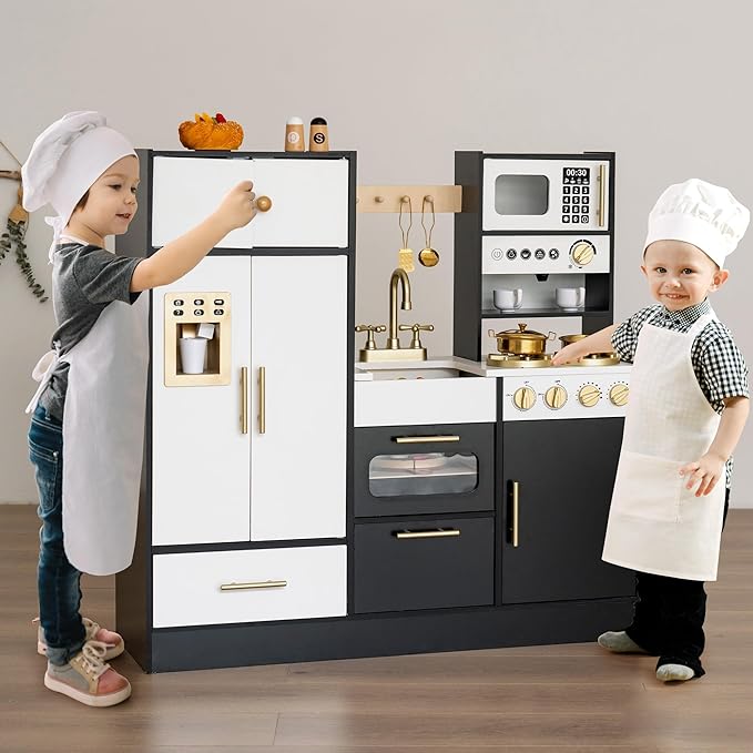 Interactive Wooden Play Kitchen for Kids 3+ Realistic Stove Sounds & Ice Maker Pretend Playset with 12 Kitchen Accessories Montessori Toy