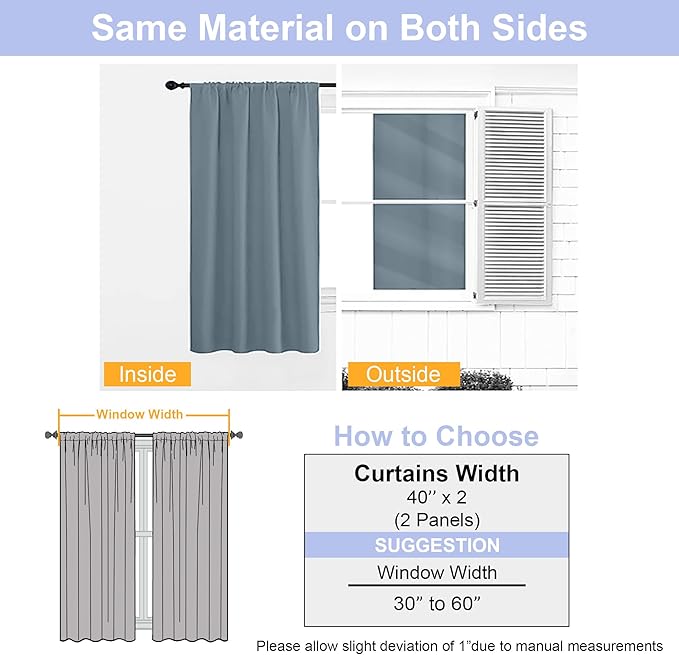 Simplebrand Ava Stone Blue Blackout Curtains for Bedroom 72 Inch Length 2 Panels, Privacy Thermal Insulated Rod Pocket Door Window Curtains for Patio French Door Front Door, W40 x L72 Inch, Stone Blue