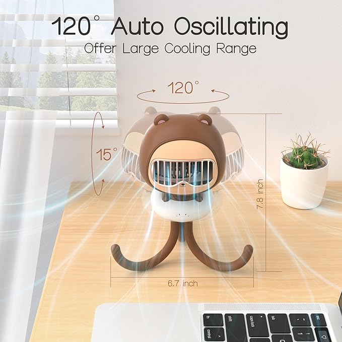 Cute Bear Stroller Fan Clip On for Baby, Portable Bladeless Fans 4 Speeds Oscillating, 4000mAh Rechargeable Battery Powered, Flexible Tripod Strong Cooling for Bedside Crib Car Seat