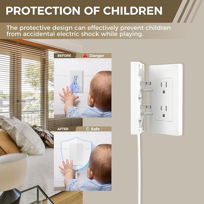 Outlet Concealer Power Strip-Outlet Cover Extender with 3AC Outlets-5ft Flat Plug Extension Cord,Universal Size,1625W for Kitchen, Home and Office,Child & Pet Safe(Dual 5 Foot)