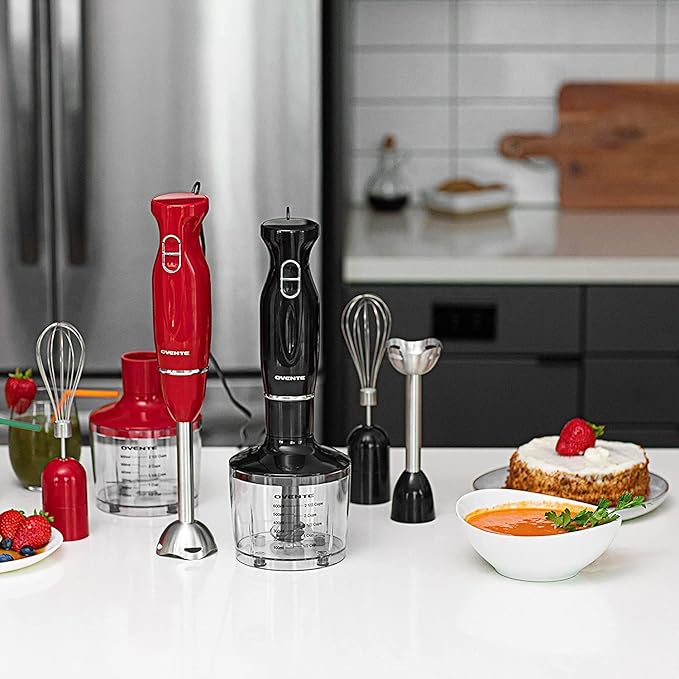 OVENTE Immersion Hand Blender, 300W Electric Handheld Portable Stick Mixer Set with 2 Mixing Speed, Stainless Steel Blades, Egg Whisk Attachment, Mixing Beaker and BPA-Free Food Chopper, Black HS565B