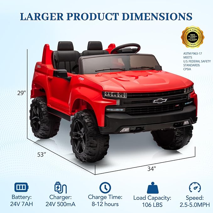 Hetoy 24V 2-Seater Truck Licensed Chevrolet Silverado Ride On Car Toy w/Parent Remote Control,4xSpring Suspension, 3 Speeds, Wireless Music, MP3 Player, Electric Vehicle Car for Kids, Red